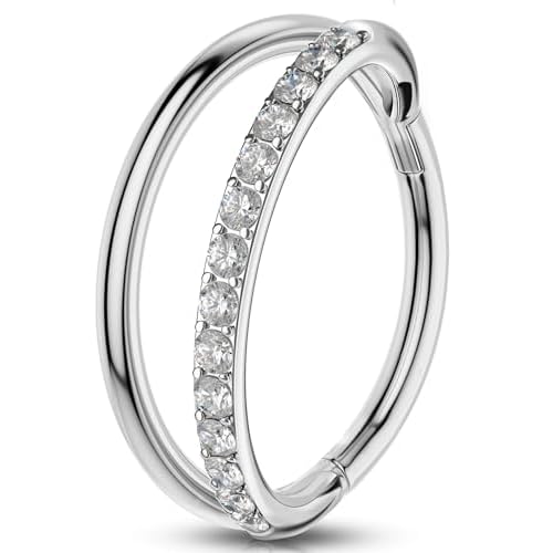 OUFER Cartilage Helix Earring, Stainless Steel 16G Lip Rings Silver, Double Hoops Hinged Segment Rings, Sparkling CZ Lip Cartilage Helix Snug Rook Daith Lobe Piercing Jewelry for Women and M