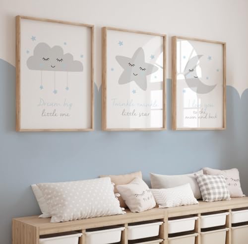 Image of DOLUDO Nursery Wall Art Set of 3 Prints I Love You To The Moon And Back Poster Painting Gray Stars Moon Clouds Canvas Pictures for Gender Neutral Nursery Decor With Inner Frame