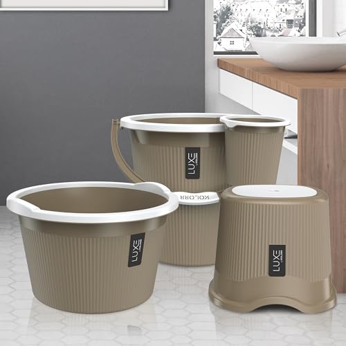 Image of KOLORR Luxe Bathroom Set (Bucket 20L x 1) + (Mug 1.5L x 1) + (Luxe Patla x 1) + (20L Tub x 1)|Sturdy and Durable |Lightweight| Easy to Clean and Attractive Design|Pack of 4| Ratan LT Brown