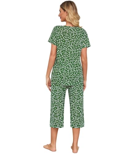 Image of ENJOYNIGHT Womens Pajama Sets Cotton Pj Set Short Sleeve Top With Capri Pants Sleepwear 2 Piece Lounge Set