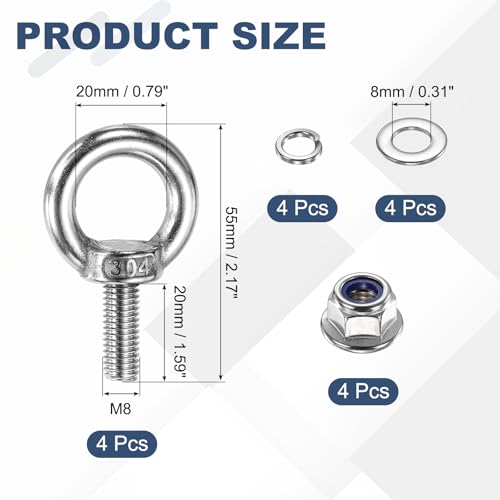 Image of PATIKIL M8 x 20mm Shoulder Eye Bolt, 4 Pcs 304 Stainless Steel Lifting Ring Threaded Eye Bolt with Flange Lock Nuts Spring and Flat Washers for Hanging Tie Down Straps Outdoor Indoor