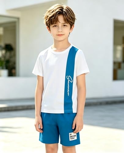 Image of Ayzozuy Boy Clothes Colorblock Top + Drawstring Waist Shorts 2 Pieces Kid Summer Outfits Set