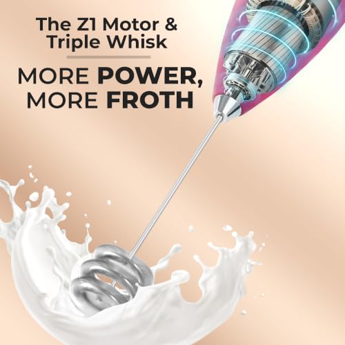 Image of Zulay Kitchen Powerful Milk Frother Wand With Duracell Batteries - Ultra Fast Handheld Drink Mixer - Electric Whisk Foam Maker for Coffee, Lattes, Cappuccino & Matcha - Triple Whisk - Magenta Gold