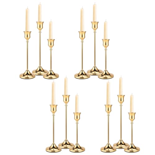 Brass Gold Candle Holders Set of 12, Metal Taper Candlestick