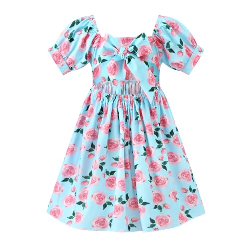 Image of Girls Floral Dress Square Neck Ruffle Sleeve Bow Back Twirl Cotton Dress