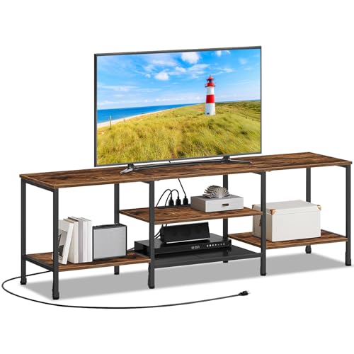 DOBEVI Mueble TV con Toma de Corriente - Mueble TV 70' | 160x40 cm | Mueble TV de Estilo Industrial con estantes Abiertos de Tres Niveles, Apto para salón