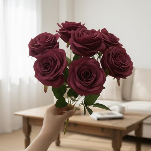 Image of Artificial Rose Flower Bouquet - 7 Soft Dark Red Silk Roses with Green Leaves | Realistic Artificial Flowers for Home Decoration, Wedding, Party & Gift