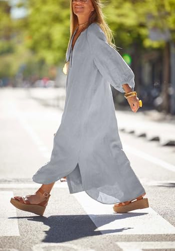 Image of chouyatou Women Summer Long Sleeve Notch Neck Maxi Linen Shirt Dress Loose Button Down Tunic Shift Dress