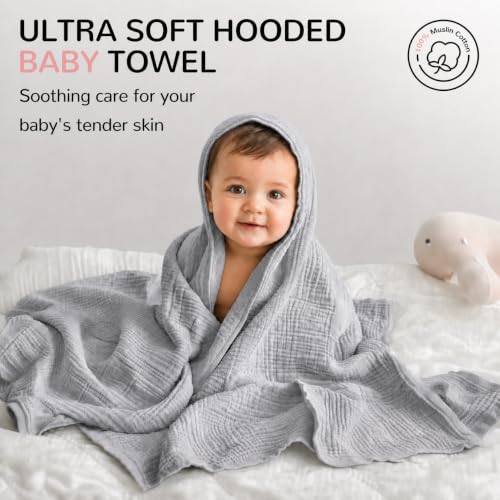 Image of Momsnug 3-Pack Muslin Hooded Baby Towels, Rose+Grey+Apricot, 35 inch X 35 inch | 100% Cotton, Ultra-Soft & Highly Absorbent ,Quick-Dry for Delicate Skin, For Babies, Toddler and Newborn
