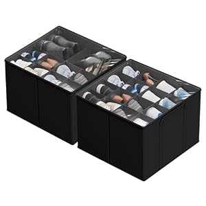 SUOCO 2 Pack Shoe Organizer for Closet, Fits up to 32 Pairs, Small Space Shoe Storage Boxes Bins Containers w/Adjustable Dividers and Clear Top, Black