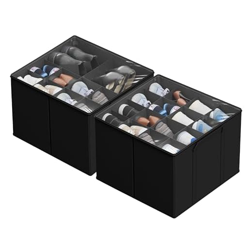 SUOCO 2 Pack Shoe Organizer for Closet, Fits up to 32 Pairs, Small Space Shoe Storage Boxes Bins Containers w/Adjustable Dividers and Clear Top, Black