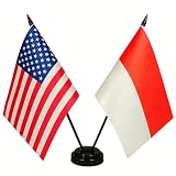 US American Indonesia Friendship Table Flag Set - Miniature USA & Indonesian Desk Flags for Room Display