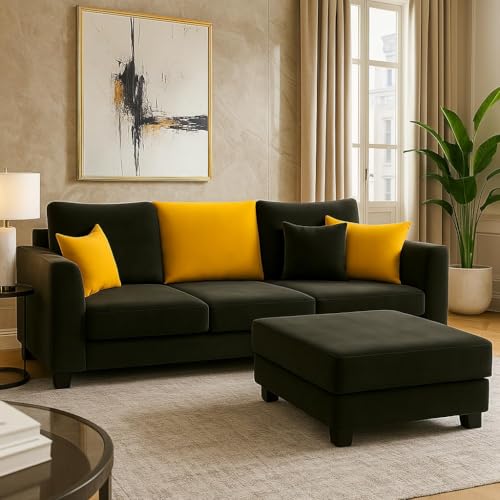 Image of SOCOZI Trevano 4 Seater L Shape Sofa Set with Movable Ottoman | Flexible Left or Right Layout | Soft Velvet Suede Fabric | Modern Design | Plush Comfort Cushions for Living Room (Black- Yellow)