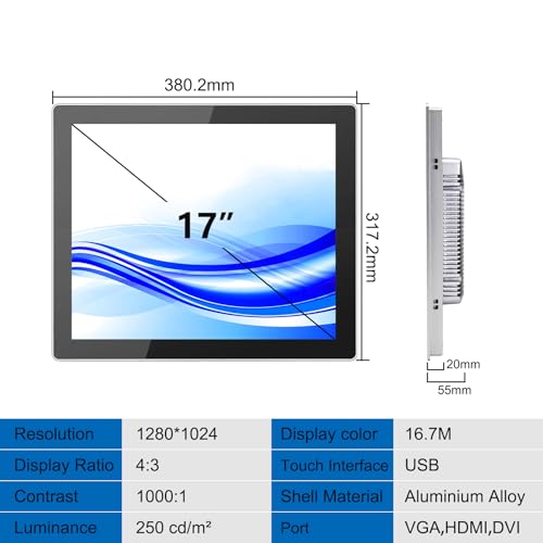 GreenTouch 17 Inch Front IP65 Panel Rugged Metal Case Display Touch Screen Industrial Grade Open Frame LCD Monitor - 1280x1024