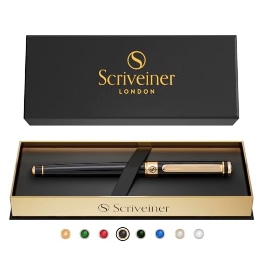 Stylo Roller Scriveiner London - Coffret Stylo Roller Noir Laqué Finition Or 24 Carats, Rechargeable, Beau Cadeau pour Homme & Femme avec Boîte, Accessoire de Bureau Professionnel