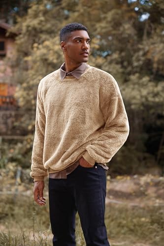 Pengfei Mens Fuzzy Sherpa Pullover Sweatshirts Long Sleeve Fleece Fluffy Crew Neck Fall Winter Warm Outwears2