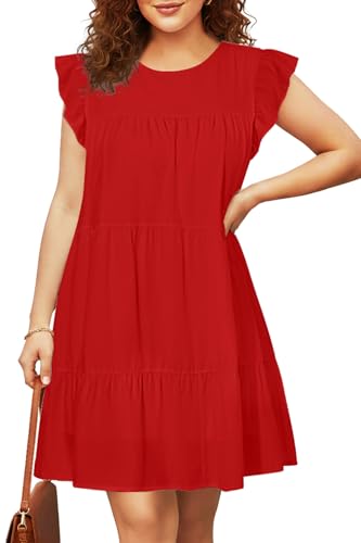 Image of Holipick Women's Plus Size Summer Dresses Casual Short Dress Babydoll Ruffle Sleeve Swing Flowy Sleeveless Tunic Dress