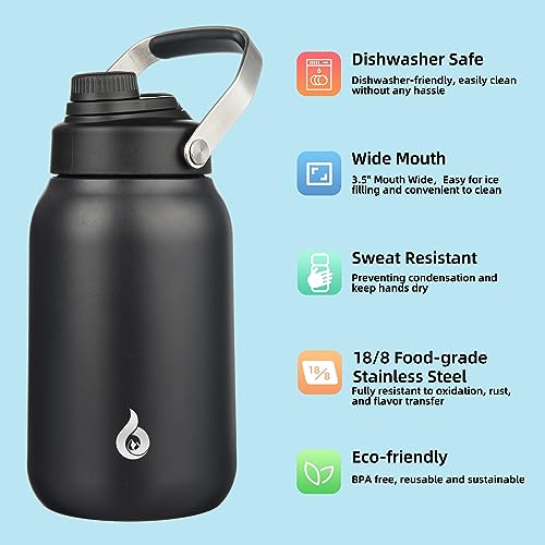 Image of BJPKPK Half Gallon Insulated Water Bottles, 64oz Water Jug with Metal Handle & BPA Free Spout Lid, Dishwasher Safe Flasks, Large Stainless Steel Gym Sport Jugs, Black