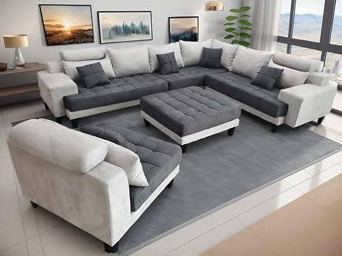 Stendmar 5pc L Shape U Shape Reversible Modern 2 Tone Gray Microfiber Fabric Sectional Couch Sofa Set S150D-RG