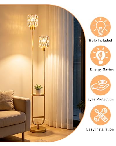 Image of Amber Glass Floor Lamp with Table Shelf, Modern Gold Standing Lamp, Tall Farmhouse Floor Lamp with Foot Switch & 3000K Warm White Bulb Included for Living Room Bedroom Home Office