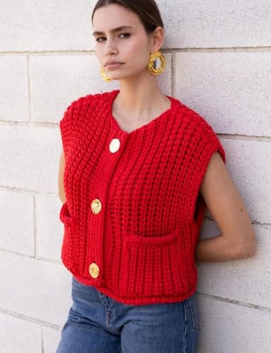 Image of Arssm Women Button Down Sweater Vest Sleeveless Crop Knit Cardigan Cropped Knitted Sweater Vest with Pockets