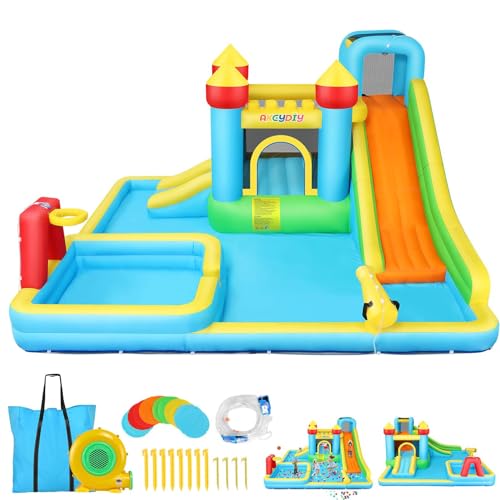 AKEYDIY Inflatable Water Slide Bounce House for Kids 3-12, Mega Water Bounce House Park w/ 2 Slides, Splash Pool & Deep Pool, Basketball Hoop, Water Cannon, 8 in 1 Backyard Water Park with Blower