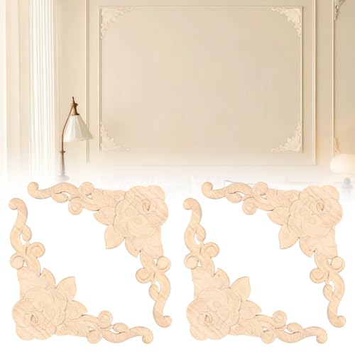 Reaeng 4-Pack Wood Ceiling Molding Corner Trim, 13.4"x13.4" Carved Flower