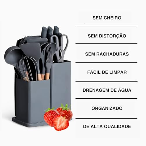 Kit Utensílios De Cozinha Silicone Cabo De Madeira Antiaderente Premium Conjunto 19 Peças Cinza Inox