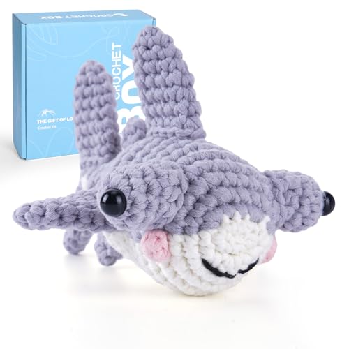 CrochetBox Crochet Kit for Beginners - Hammerhead Shark Starters Crochet Kit Beginners Crocheting Kitting for Adults Teen Gifts with Crochets Yarns Hook Step-by-Step Video Instruction