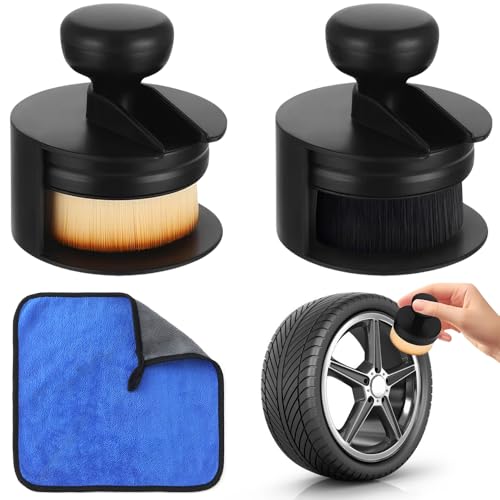 Lot de 2 brosses applicatrices de brillance des pneus de voiture avec support et chiffon en microfibre - Pinceau de détail pour l'entretien professionnel des pneus - Entretien intérieur de qualité