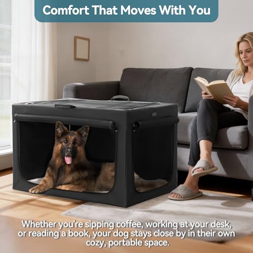 Petsfit Hundebox faltbar für mittlere Hunde, Hundebox für Zuhause Zimmerkennel Hund Verstellbares Design Transportbox Hund, Reißfeste Netzfenster & verdickte plüsche Betteinlage,(M, Schwarz)