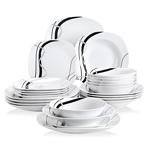 VEWEET FIONA Juego de Vajillas Elegantes 24 Piezas de Porcelana para 6 Personas con Cuencos de Cereales, Platos Llanos, Platos de Postre y Platos Hondos, Motivo de Líneas Negras y Plateadas