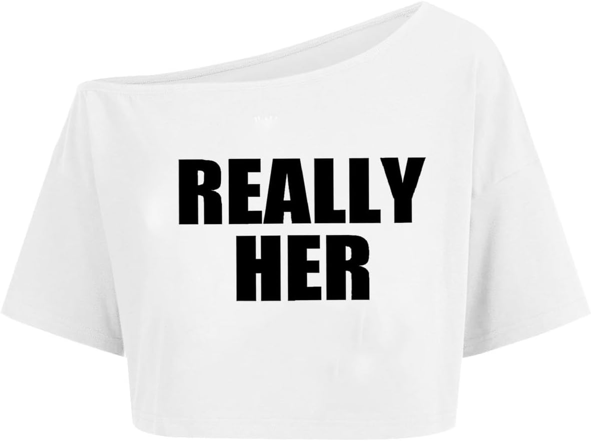 Hilinker Womens Graphic Off Shoulder Crop Tops Asymmetrical Short Sleeve T Shirt Loose Casual Tee