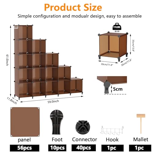 AWTATOS Cube Storage Organizer, Storage Cubes Shelves Bookshelf, 16 Cube Closet Organizers and Storage, DIY Stackable Plastic Clothes Organizer Shelving for Bedroom, Home Office, Cocoa Brown - Thumbnail 3