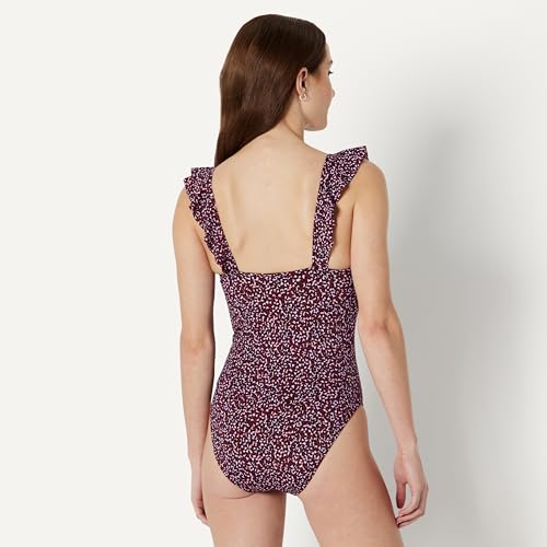 Amazon Essentials Women's Ruffle V-Neck One-Piece Swimsuit, Brick Red Lilac Leopard, Small - image 2