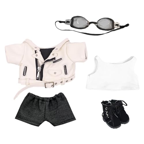 niannyyhouse 20cm Plush Doll Clothes Leather Coat Jeans Glasses Vest Shoes Jacket Outfit 8in Dolls Dress Up (White-20cm)