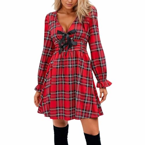 Duohropke Vestido de mujer a cuadros, cuello en V, manga larga, vestido informal con un lazo, vestido envolvente, dobladillo con volantes, vestido de túnica, elegante, mini vestido, babydoll, vestido