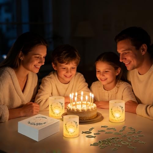 SEPGLITTER Windlicht Set mit 8 Stück, 36 Servietten und 60 Holzfisch-Deko für Kommunion, Taufe und Konfirmation