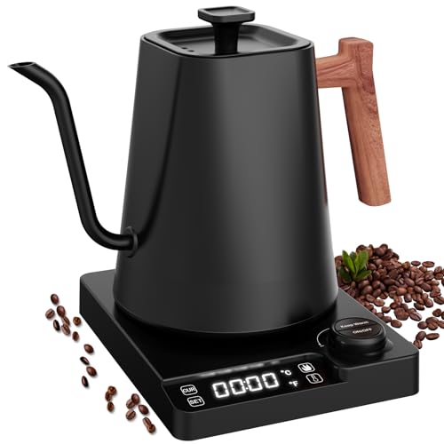 Vmotal Edelstahl Wasserkocher, Schwanenhals Wasserkocher, 24-Stunden-Wärmefunktion, 1200W Elektrischer Teekessel mit Temperaturanzeige,1L Kaffeekessel