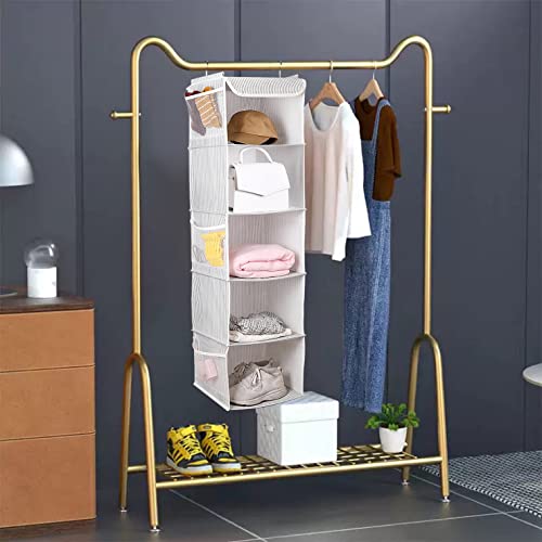 Image of BrilliantJo Hanging Storage with 5 Shelf Set of 1 Wardrobe Closet Organiser, Storage Rack Unit with 6 Pockets for Clothes - (Grey Strip, 5-Shelf)