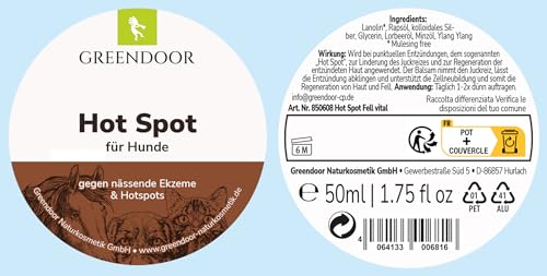 GREENDOOR Hot Spot Balsam 50ml, Fell vital Hund, bei punktuellen Entzündungen, Linderung des Juckreizes, Regeneration der Haut