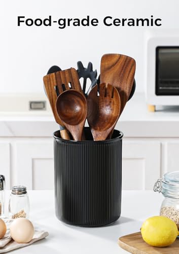 Image of LoeJan Utensil Holder, Extra Large Utensil Crock, Stable Ceramic Utensil Organizer, Cooking Tool Organizer Set for Kitchen Counter Farmhouse Decor (F-6.7 inch Black)