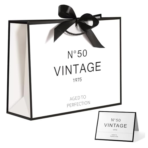 50th Birthday Gift Bags for Men Women, White and Black Keepsake Gift Paper Bag for Her N°50 Fifty Anniversary Party Present Shopping Tote Bags Women 50 Year Old Decorations Idea