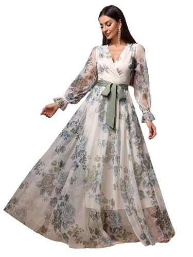 Image of TOLEEN Summer Casual Dresses for Women 2024 Spring Fashion Boho V Neck Long Sleeve Ruffle Floral Print Elegant Maxi Dress