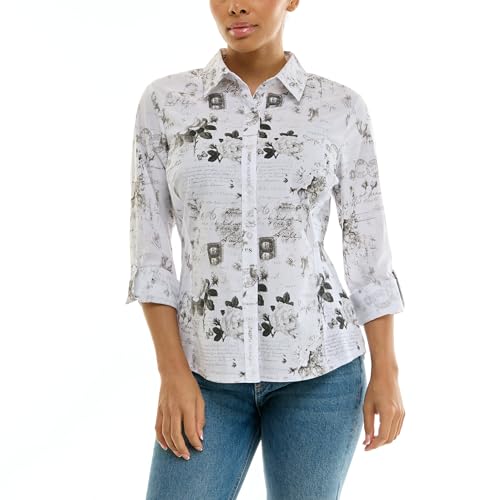 Zac & Rachel Womens Button Up Printed Poplin Shirt with Knit Insert for Comfortable Fit, White-Black Beauty, L