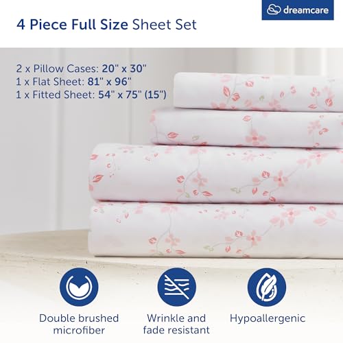 Image of DREAMCARE Full Size Sheets - Cooling Sheets - 4pcs Set - up to 15 inch Deep Pocket Full Sheet Set - Sheets Full Size Bed - Soft & Long Lasting 100% Fine Brushed Polyester with Side Pocket Floral Blossom