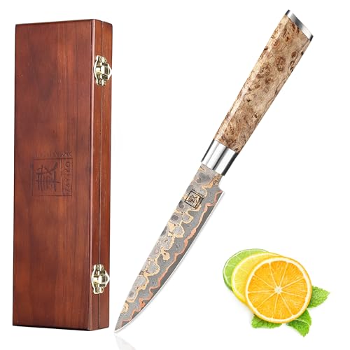 zayiko MysticMagma Allzweckmesser I 14 cm Klinge aus 67 Lagen Damaststahl mit Kupfer- und Bronze-Einlage I DualCurve Griff aus Ahornwurzelholz I in...