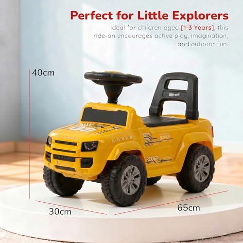 Image of Baybee Rover Baby Ride on Car for Kids | Portable Rideons Jeep with LED Lights & Music | Push Ride on Toys Car with Backrest & Toy Storage Basket | Kids Car to Drive 1-3 Years (Yellow)