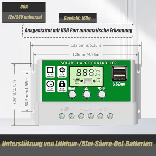2pcs Solarladeregler, 30 A PWM Solarladeregler 12 V PV Einstellbarer LCD-Display-Regler für Life-po4 Lithium-Blei-Säure-Gel mit Zwei USB-Anschlüssen,Solar Konverter 30A Solar Ladegerät Controller