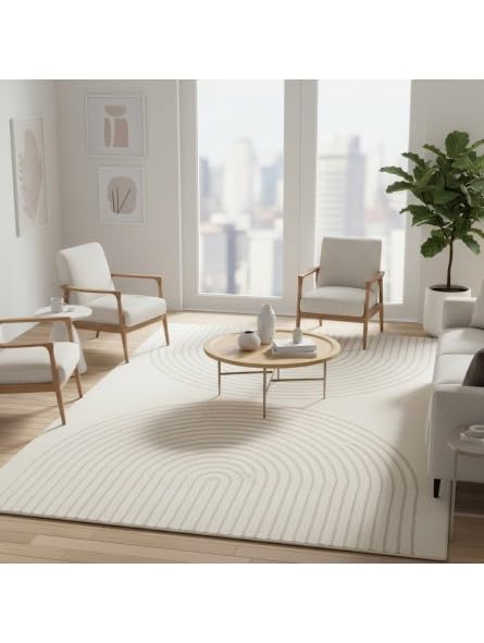 Tapis velours dense 12 mm salon moderne crème motif arc 240x340 cm